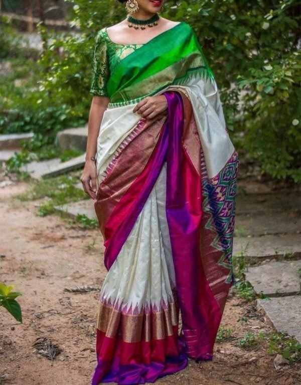 Pochampally ganga jamuna border saree | Half White Pochampally ikkat saree