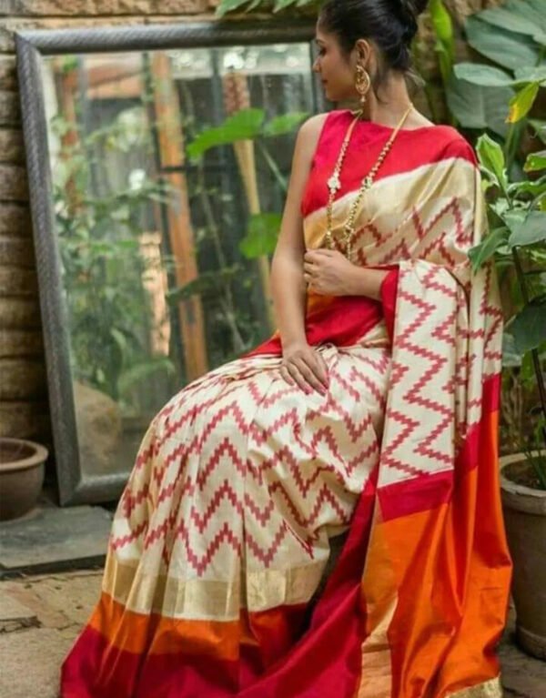 Pochampally half white saree with Zig Zag pattern allover the body | ikkat saree | handwoven pochampally saree