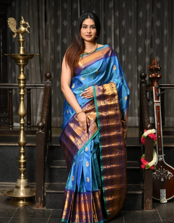 Gadwal Azure Blue and Cyan Blue Saree