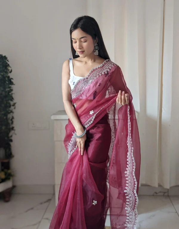 Orgenza Dark Wine Color Saree