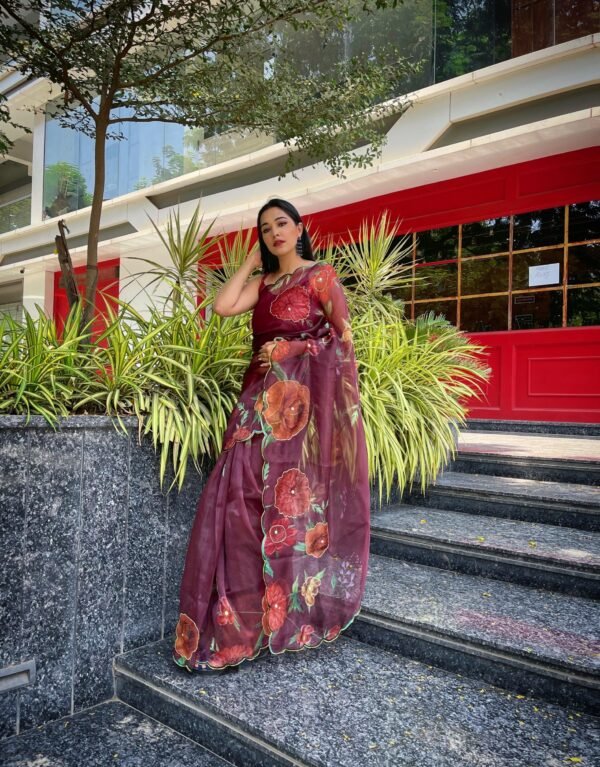 Orgenza Wine Multi Color Saree