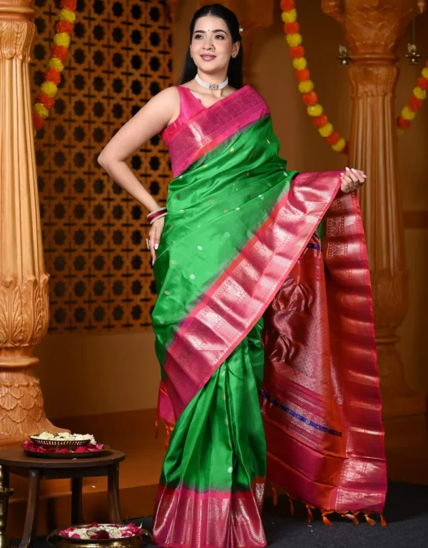 gadwal Green and Pink Saree